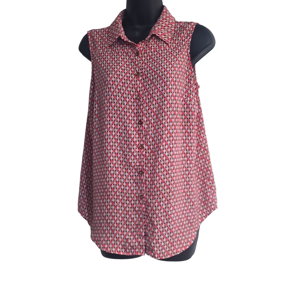 New Directions Womens Red Geometric Sleeveless Button Down Lattice Back Top M